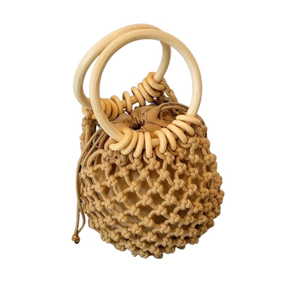 Wooden Ring Net Bag Lined Woven Beach Bag - Picture 6 of 12